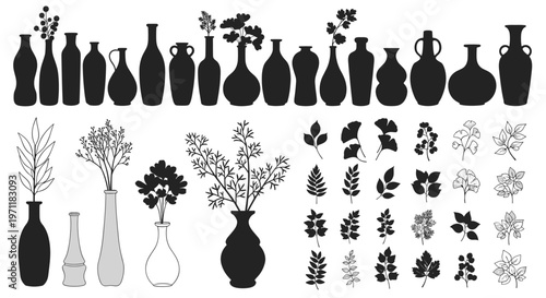 Large collection of black silhouettes of different shaped vases with floral arrangements and various leaf and branch patterns.