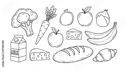 Colorful illustration of fresh food and dairy products in line art style with black and white coloring on clean background for healthy eating and nutrition