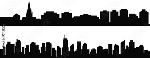 Two contrasting black silhouettes of city skylines with varied architectural styles including a church tower and skyscrapers isolated on transparent background