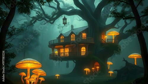 Mystical glowing treehouse hidden in foggy forest, curved wooden architecture, luminous mushrooms growing around, magical fairytale setting