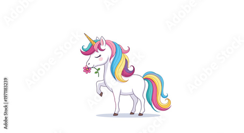 Enchanting colorful unicorn with a rainbow mane and tail standing gracefully while smelling a small pink flower on a white background.