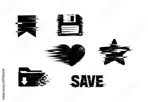 Digital bookmarking and saving theme, a set of 5 glitch-distorted monochrome objects placed on a perfectly clean white background