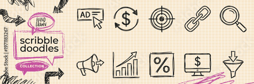 Hand Drawn Weather Climate and Meteorology Forecast Doodle Icon Set with Cloud Sun Rain Temperature and Thermometer Sketches for Environment Vector EPS