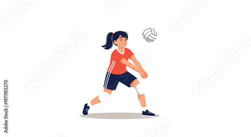 Active young girl playing volleyball wearing an orange shirt and blue shorts while bumping the ball in a professional sports pose.