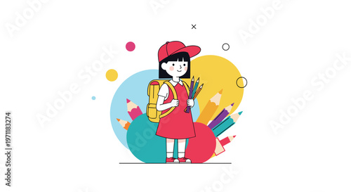 Smiling schoolgirl with a red cap and backpack holding colored pencils standing in front of large pencils and school supply shapes.