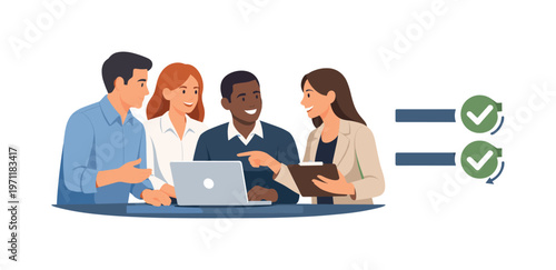 A team maintaining alignment during a structured progress discussion, gathered near a laptop while interacting with a simple parallel lines and sync