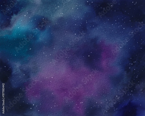 Night sky watercolor background, starry celestial galaxy with bright stars, cosmic blue space, dreamy abstract illustration, magical universe scenery, deep cosmos texture, beautiful evening art