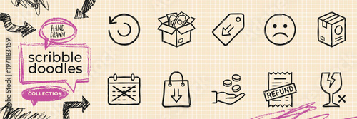 Hand Drawn Legal Justice and Law Authority Doodle Icon Set with Balance Scale Gavel Document Contract and Government Court Sketches for Corporate Rule Vector EPS