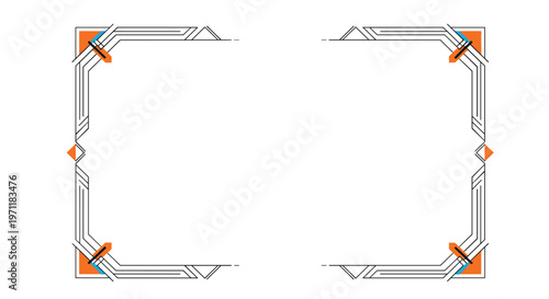 Modern high tech frame design with geometric lines and orange and blue accents creating an industrial or futuristic border layout.