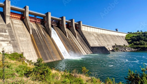 Concrete dam structure and flowing water