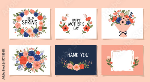 Set of six floral themed greeting cards with vibrant bouquets and message text for spring mothers day and thank you notes on a pink base.