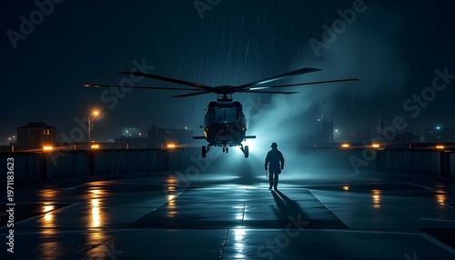 Night Landing on Rooftop Helipad. Black tactical helicopter approaching rooftop helipad at night in heavy rain