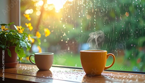 Cups of coffee on a wet window sill