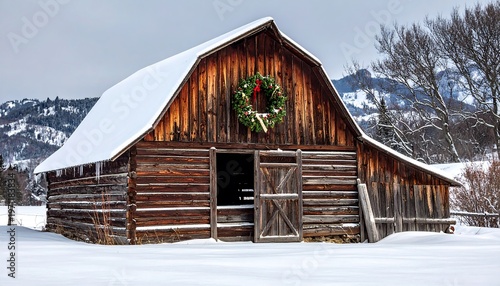 A rustic wooden barn sits covered in snow, decorated with a wreath. Mountains and bare trees create a wintery backdrop
