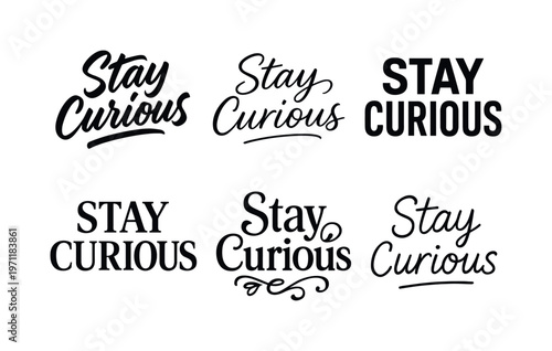 Stay Curious  a collection of six different typographic interpretations of the same phrase, arranged in a  grid on a white background