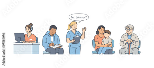 Wide horizontal editorial illustration of five characters in a hospital waiting room scene: a receptionist at a desk, a patient filling in a form, a