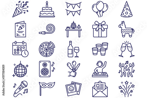 Collection of 20 stylized line-drawn icons celebrating birthday parties, weddings, and festive gatherings on clean white background, minimalist flat design style