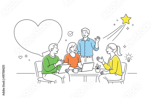 Colleagues reinforcing positive feedback habits and building supportive workplace communication together during a regular reflection session in a calm