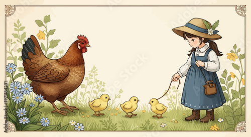 Little girl walking chicken and chicks.