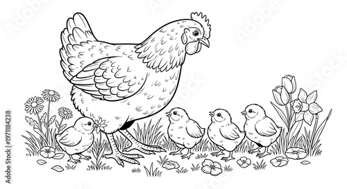 A mother hen and her chicks.
