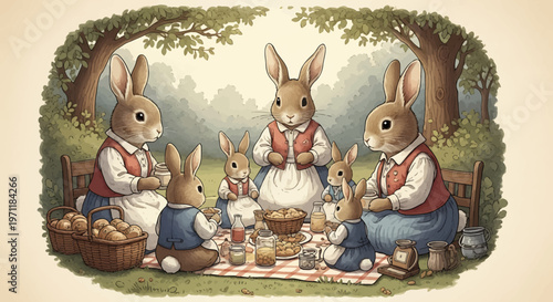 Rabbits enjoying a family picnic outdoors.