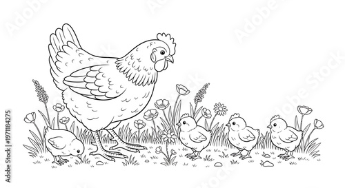 A mother hen and her chicks.