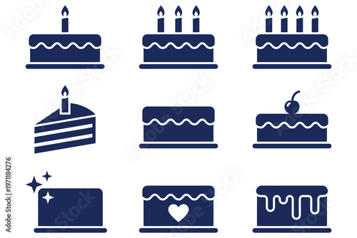 Delicious birthday celebration cake illustrations featuring lit candles, cherry, drizzled frosting, and heart motifs in monochromatic navy blue minimalist vector design for branding and packaging