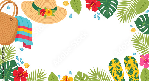 Summer vacation accessories and tropical leaves.