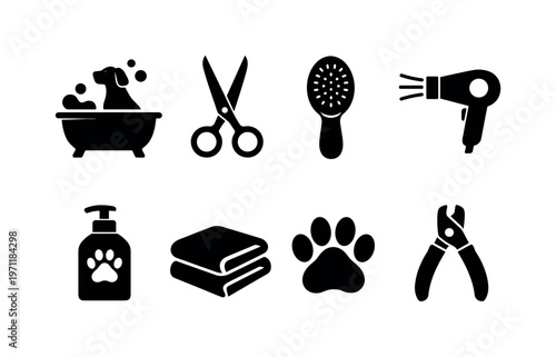 Pet grooming: dog bathtub, grooming scissors, pet brush, hair dryer, shampoo bottle, paw print, towel, nail clipper