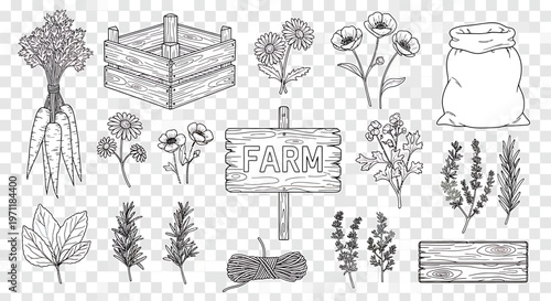 Farm fresh produce and garden elements.