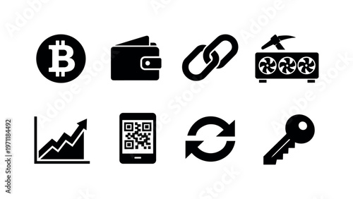 Cryptocurrency basics: bitcoin coin, digital wallet app, blockchain chain link, mining rig, price chart, QR payment, exchange arrows, secure key