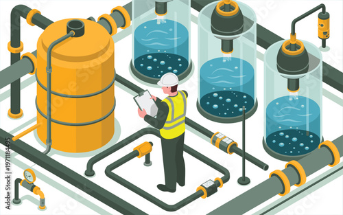 Industrial water treatment plant with engineer inspecting tanks, pipes and filtration system, wastewater processing and purification technology flat vector illustration