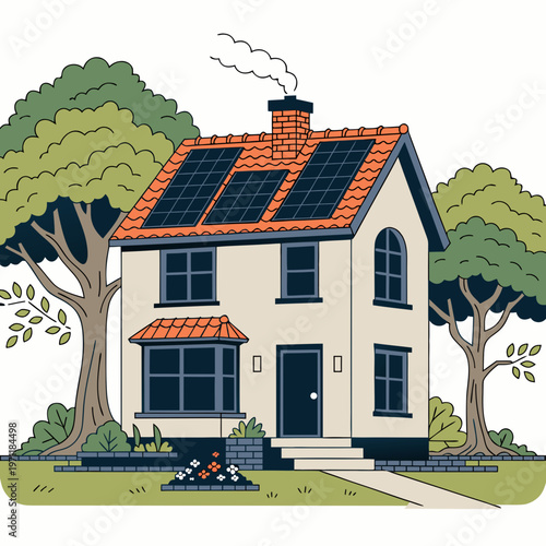 Eco friendly house with solar panels on roof surrounded by trees and green lawn sustainable living concept