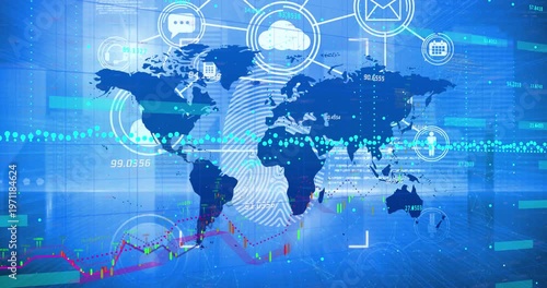 Animation of networks of connections and world map over cityscape