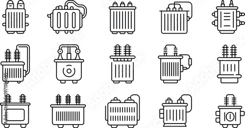 Set of electrical transformer icons in outline style, power distribution equipment, industrial energy and utility station vector illustration collection