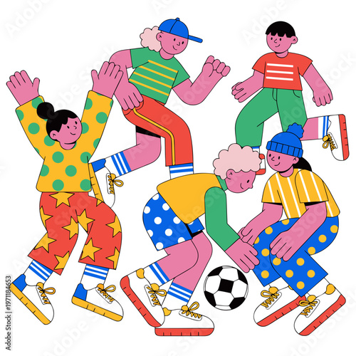 Children playing soccer kids in colorful clothes kicking ball fun youthful energy playful group dynamic vibrant illustration kids' activity team sport youthful enthusiasm energetic play