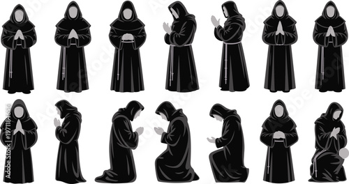 Set of hooded monk characters in praying and meditating poses, spiritual meditation and devotion concept dark flat vector illustration