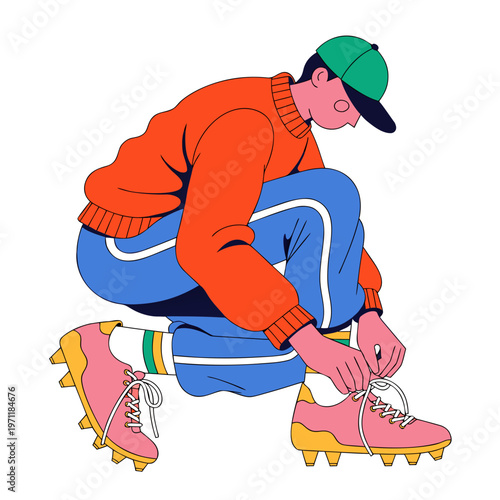 Man in orange sweater tying pink cleats on white background preparing for sports activity
