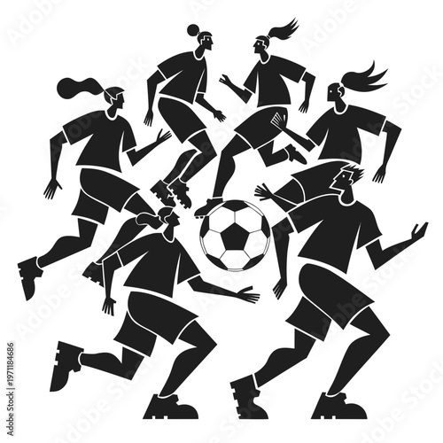 Women's soccer team in action kicking ball running playing together in black silhouette on white background