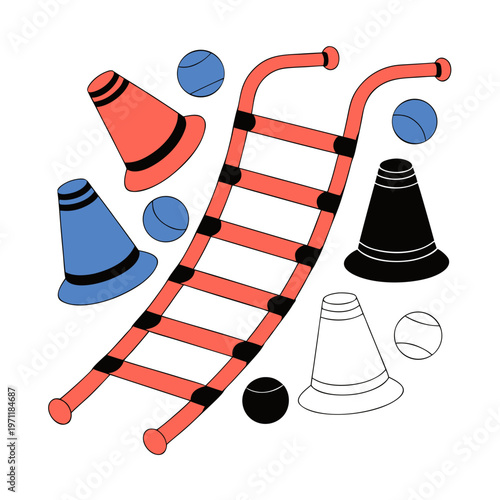 Colorful agility ladder with cones and baseballs for sports training and fitness exercises on a white background