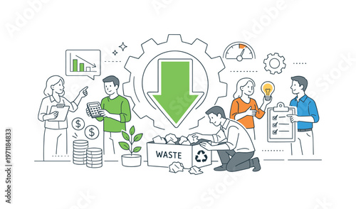 A operational efficiency and cost reduction scene showing a small team optimizing resources around a large downward arrow and a gear, using a clean