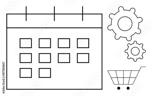 Workflow management, scheduling, e-commerce, logistics planning, online shopping, productivity. Minimalist calendar, gears and cart icons. Workflow and scheduling concepts with symbols