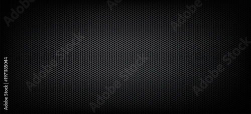 Black Metal Hexagon Grill Texture featuring metallic honeycomb mesh, carbon dark background, industrial steel grate, automotive radiator grill, tech pattern.