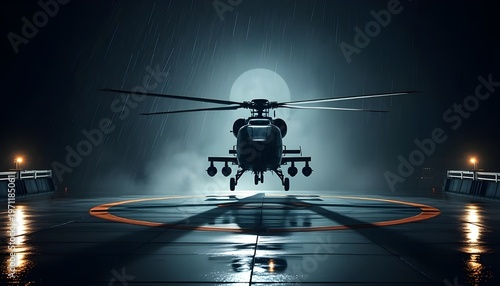 Night Landing on Rooftop Helipad. Black tactical helicopter approaching rooftop helipad at night in heavy rain 2