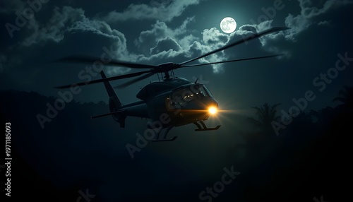 Night Raid by Tactical Helicopter. Matte black tactical helicopter flying low over dark jungle during night raid, powerful searchlight scanning terrain 2