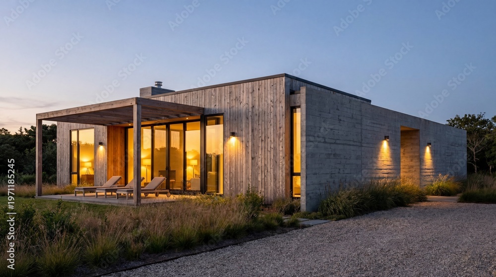 Fototapeta premium Modern luxury house with concrete walls and glass windows glowing with warm light at dusk