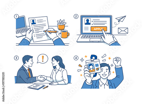 Small set of four thematic mini-illustrations on one white canvas depicting stages of a job search journey: writing a resume at a desk, submitting an