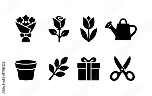 Flower shop: bouquet, rose, tulip, watering can, flower pot, leaf branch, gift wrap, scissors