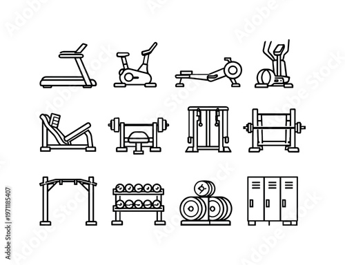 Fitness gym machines: treadmill, exercise bike, rowing machine, elliptical trainer, leg press, bench press, cable machine, squat rack, pull-up bar