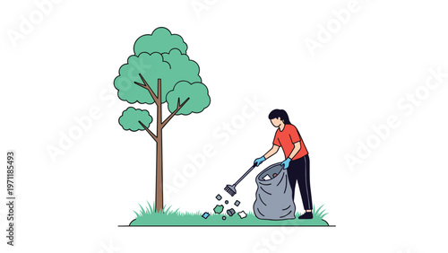 Concerned volunteer helps the environment by picking up litter and trash from a grassy area using a rake and a large bag.